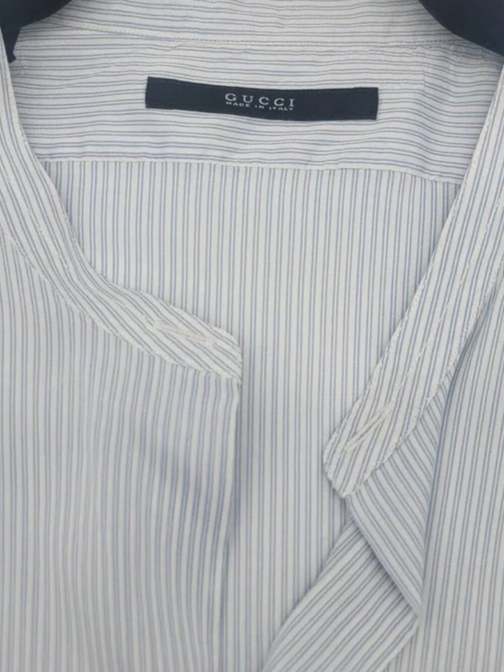Gucci Mens Blue Striped Silk & Cotton Band Collar Italian Dress Shirt Flawless!